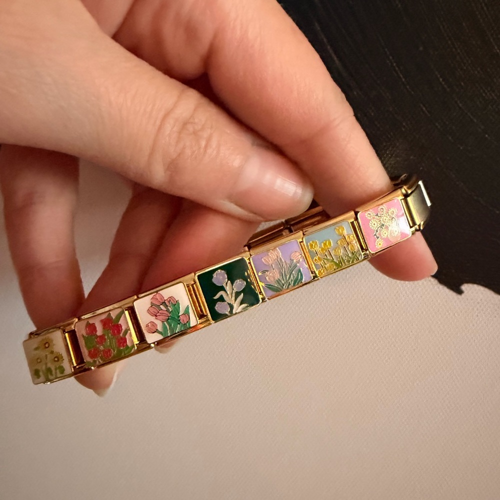 Gold-Tone Floral Italian Charm Bracelet - 7 floral Enamel Links